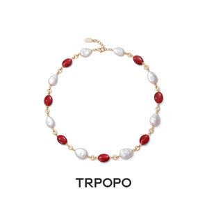 Red Agate & Baroque Pearl Vintage Necklace