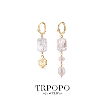 Asymmetrical Coin Pearl Earrings - TRPOPO