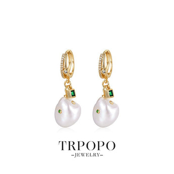 Baroque Pearl & Emerald Gold Hoop Drop Earrings - TRPOPO