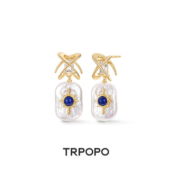 Baroque Pearl Sun & Cross Drop Earrings - TRPOPO