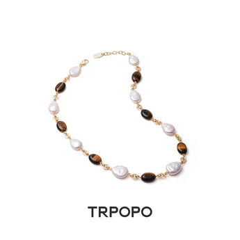 Baroque Pearl & Tiger's Eye Gold Chain Necklace - TRPOPO