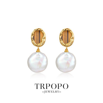 Baroque Pearl & Tiger's Eye Gold Earrings - Gold - TRPOPO