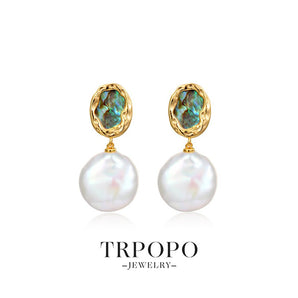 Baroque Pearl & Tiger's Eye Gold Earrings - Green Gemstone - TRPOPO