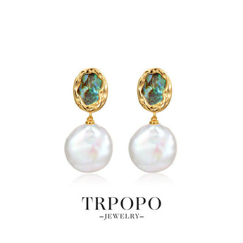 Baroque Pearl & Tiger's Eye Gold Earrings - Green Gemstone - TRPOPO
