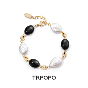 Black Onyx & Baroque Pearl Vintage Gold - Link Bracelet - TRPOPO