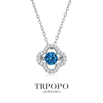 Blue Center Stone Micro - Pave Clover Halo Necklace - TRPOPO