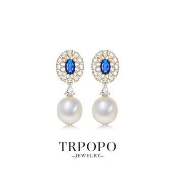 Blue Cubic Zirconia Embellished Pearl Earrings - TRPOPO