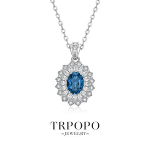 Blue Gem Floral Diamond Pendant Necklace - TRPOPO