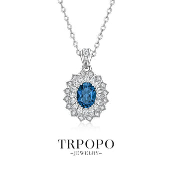 Blue Gem Floral Diamond Pendant Necklace - TRPOPO