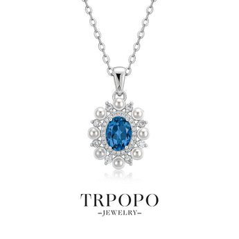 Blue Topaz Pearl Diamond Floral Pendant Necklace - TRPOPO