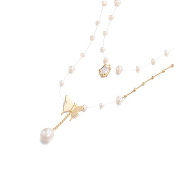Butterfly Diamond Pearl Double - layer Chain Necklace - TRPOPO