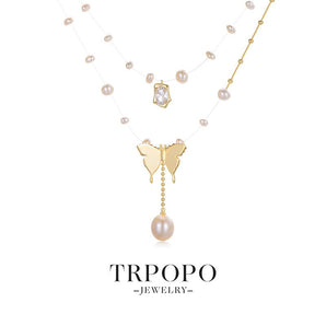 Butterfly Diamond Pearl Double - layer Chain Necklace - TRPOPO