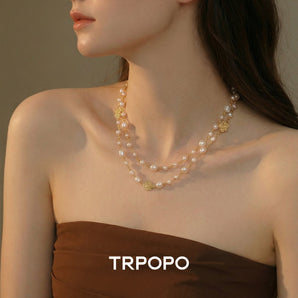 Camellia Pave Baroque Pearl Layered Long Necklace - TRPOPO