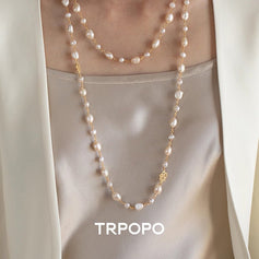 Camellia Pave Baroque Pearl Layered Long Necklace - TRPOPO