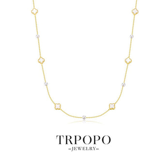 Clover Mother - of - Pearl & Pearl Long Necklace Set - TRPOPO