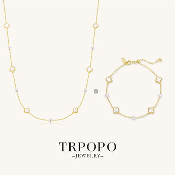 Clover Mother - of - Pearl & Pearl Long Necklace Set - TRPOPO