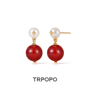 Crimson Agate Pearl Drop Earrings - TRPOPO