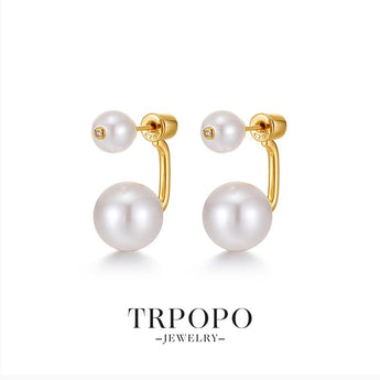 Double - Pearl Earrings with Zircon Accent - Gold - TRPOPO