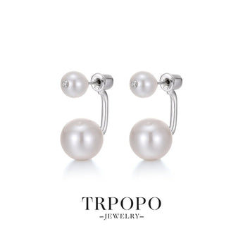 Double - Pearl Sterling Silver Earrings with Zircon Accent - Silver - TRPOPO