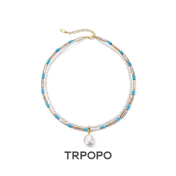 Double Strand Turquoise & Pearl Drop Necklace - TRPOPO
