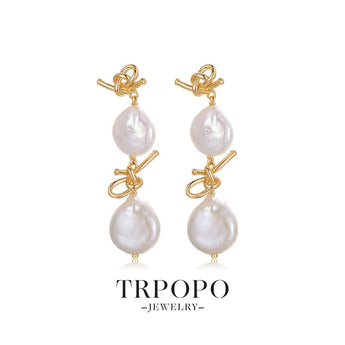 Elegant Pearl Gold Knotted Dangle Earrings - TRPOPO