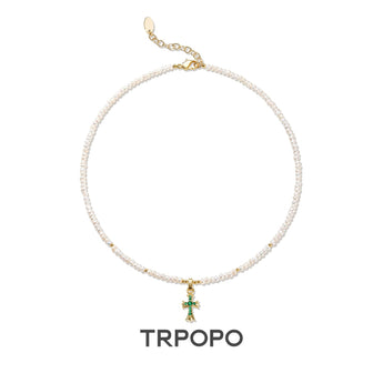 Emerald Cross Pearl Necklace - TRPOPO
