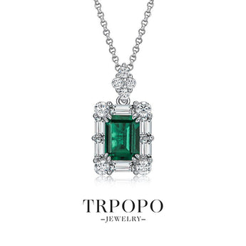 Emerald & Diamond Halo Pendant Necklace - TRPOPO