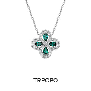 Emerald Four - Leaf Clover Diamond Halo Necklace - TRPOPO