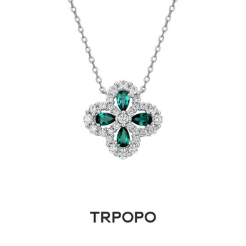 Emerald Four - Leaf Clover Diamond Halo Necklace - TRPOPO