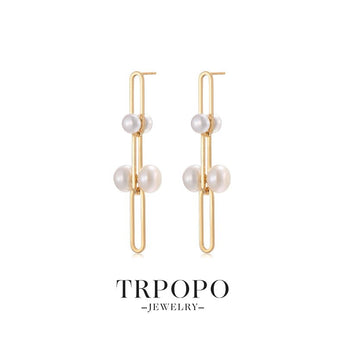 Geometric Chain Pearl Earrings - TRPOPO