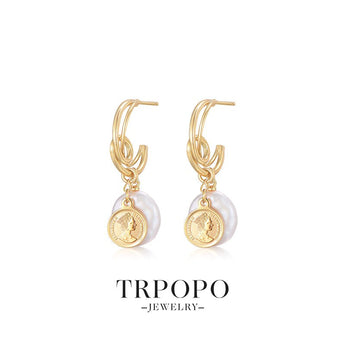 Gold Hoop Pearl Cameo Drop Earrings - TRPOPO