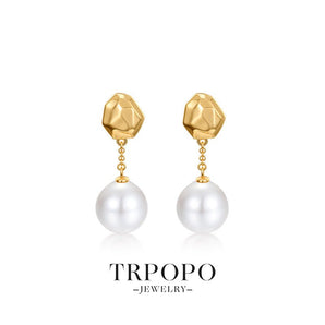 Gold - Plated Hexagonal - Top Pearl Dangle Stud Earrings - TRPOPO