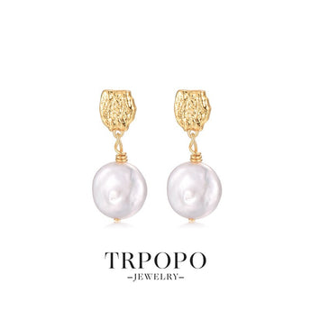 Gold - Textured Baroque Pearl Earrings - TRPOPO