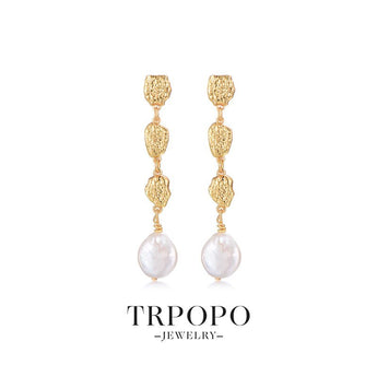 Gold - Textured Pearl Drop Earrings - TRPOPO