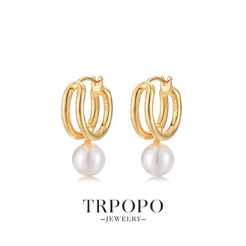 Golden Loop Pearl Dangle Earrings - TRPOPO