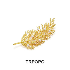 Golden Pine Branch Pearl Brooch - TRPOPO