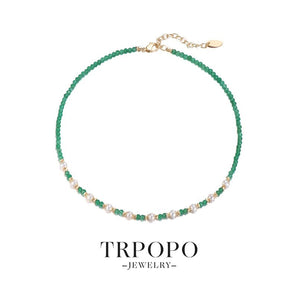 Green Crystal & Pearl Interwoven Gold Chain - TRPOPO