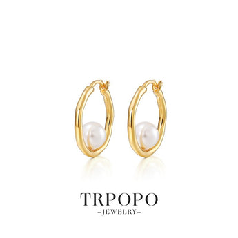 Hoop Earrings with Enclosed Pearl - Gold - TRPOPO