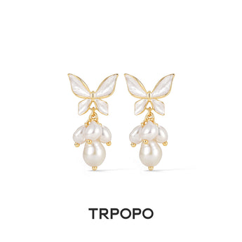 Iridescent Butterfly & Baroque Pearl Drop Earrings - TRPOPO