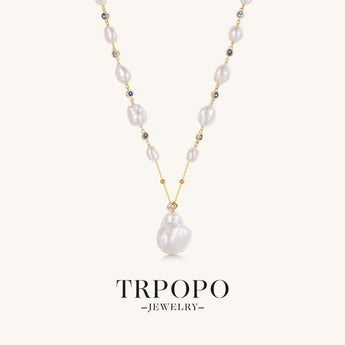 Irregular Pearl and Sapphire Necklace - TRPOPO