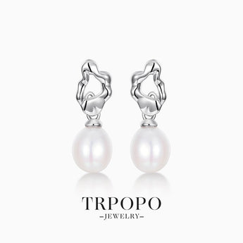 Irregular - Shaped Silver - toned Pearl Drop Earrings - TRPOPO