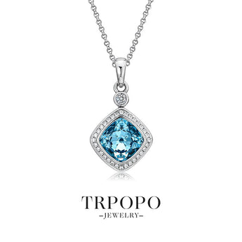 Lake Blue Gem Diamond Halo Pendant Necklace - TRPOPO