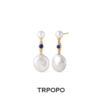 Lapis Lazuli & Baroque Coin Pearl Drop Earrings - TRPOPO