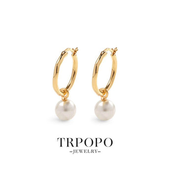 Luminary Pearl Swing Hoop Drop Earrings - Gold - TRPOPO