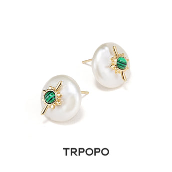 Malachite Sunburst Pearl Stud Earrings - TRPOPO