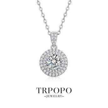 Moissanite Halo Circle Necklace - Sterling Silver - TRPOPO