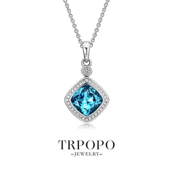 Ocean Blue Gem Diamond Halo Pendant Necklace - TRPOPO