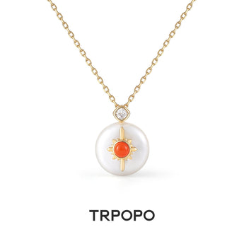 Orange - Red Gem Sunburst Pearl Stud Necklace - TRPOPO