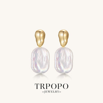 Oval Baroque Pearl & Gold Drop Earrings - TRPOPO