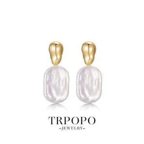 Oval Baroque Pearl & Gold Drop Earrings - TRPOPO